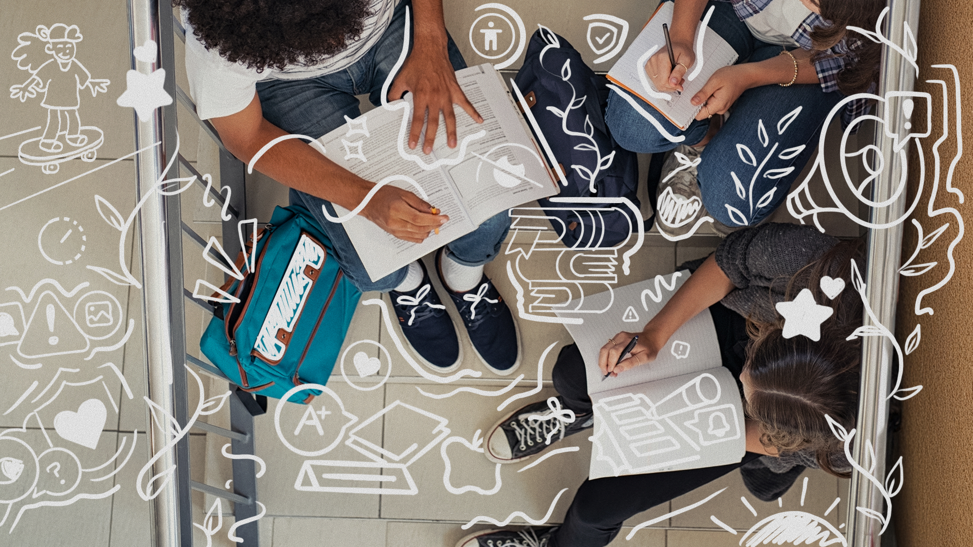 Photo of kids writing in notebooks with illustration doodles overlayed