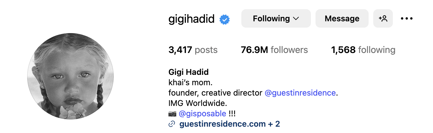 Gigi Hadid, supermodel and style influencer serving face with a throwback image from her childhood as her IG profile header image