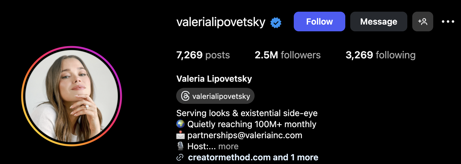 Valeria Lipovetsky IG profile